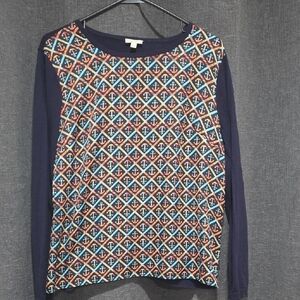 Talbots Navy Long Sleeve Top with Multicolor Anchor Geometric Print